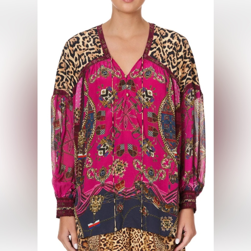 NWTCamilla Women's Blouson Blouse with Neck Tie Dining Hall Darling Red Silk Top